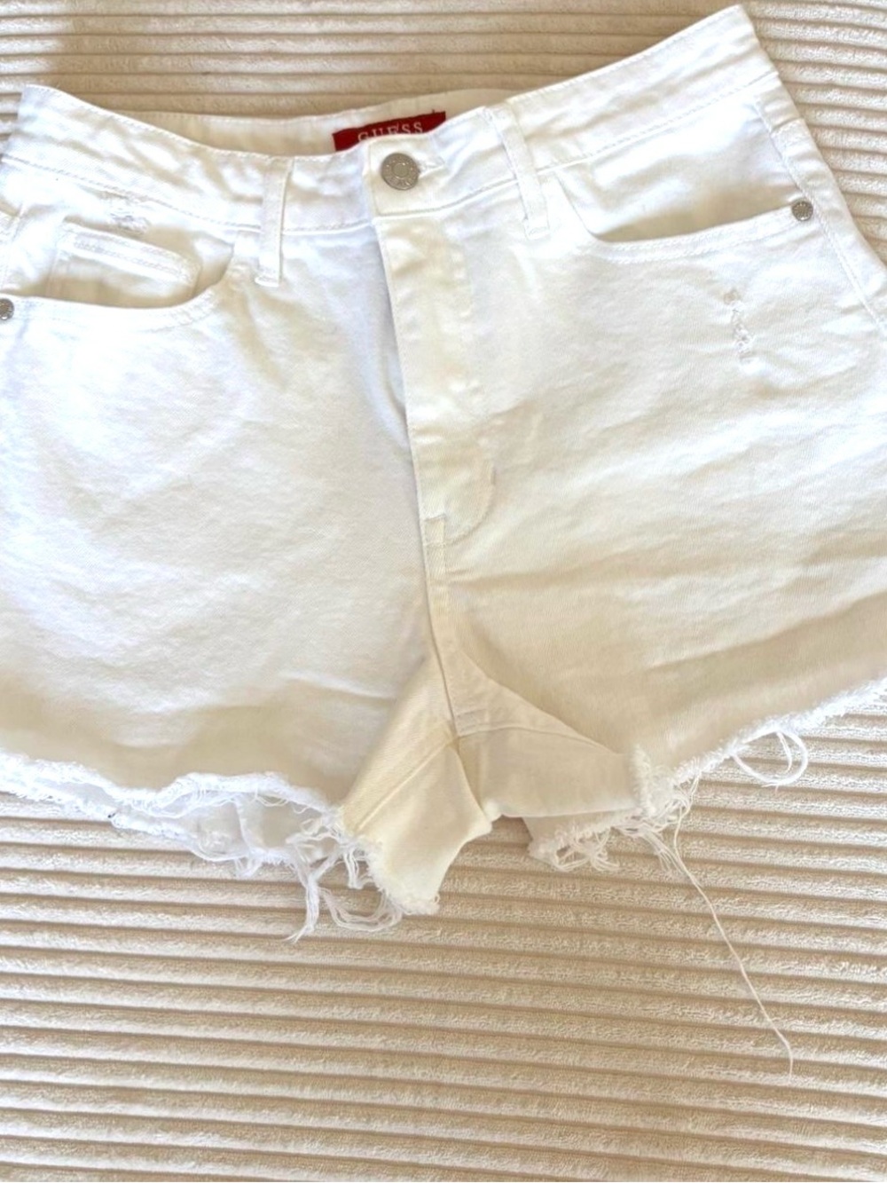 Guess White Distressed Frayed Hem Denim Shorts